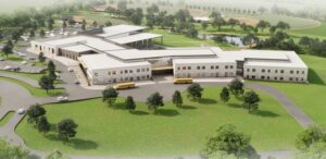 An aerial rendering of the campus presents the scale of the school on the 55-acre campus. (Rendering/Moody Nolan)