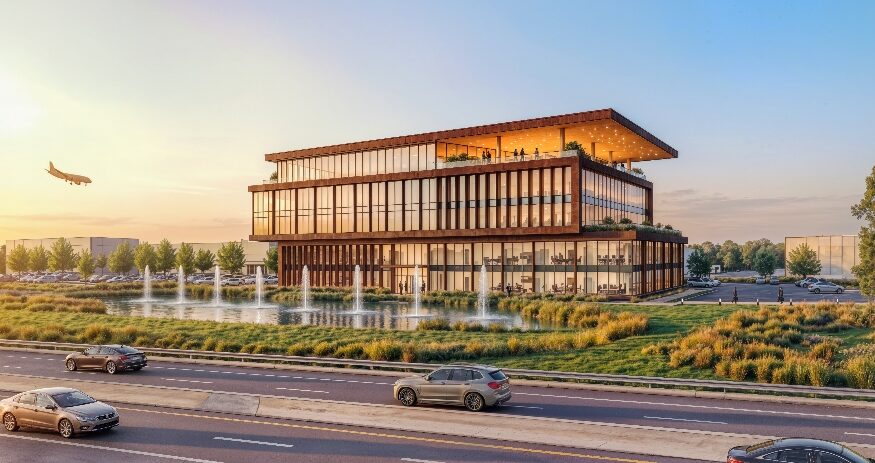 Trinity Partners has unveiled Link85, a 126,950-square-foot headquarters office building in Greer designed to attract companies expanding or relocating to the Greenville-Spartanburg region. (Rendering/Gensler)
